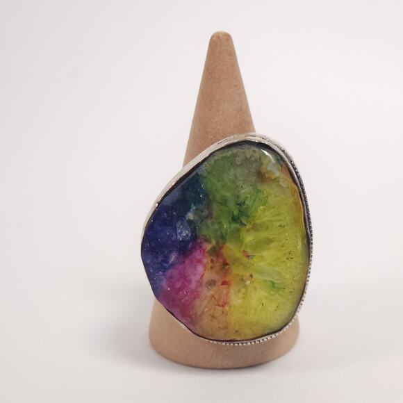 Rainbow Druzy 925 Silver - Large Statement Ring, Size 9.25 - Picture 1 of 13